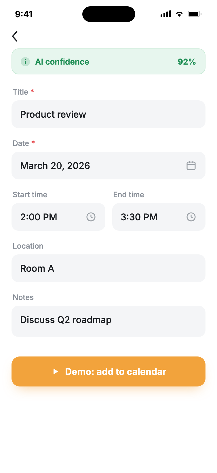 SnapCal result screen: AI parsed a meeting screenshot into title, date 2026-03-20, time 14:00–15:30, location and a 92% confidence badge